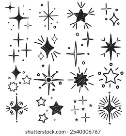 Hand drawn star sparkle shine of doodle set.  Charcoal pen drawn star shine glow, spark glitter, sparkle light. Vector chalk graphic elements	