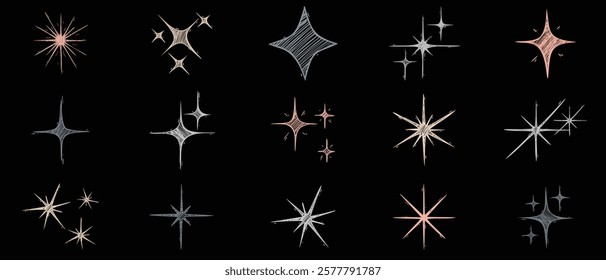 Hand drawn star sparkle shine of doodle set.Vector chalk graphic elements Charcoal pen drawn star shine glow, spark glitter, sparkle light.  vector illustration black background