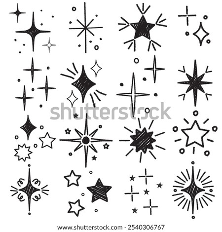 Hand drawn star sparkle shine of doodle set.  Charcoal pen drawn star shine glow, spark glitter, sparkle light. Vector chalk graphic elements	