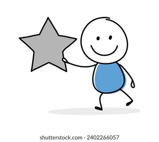 Hand drawn star symbol. Funny concept with a stickman holding icon. Cartoon style design. Vector illustration