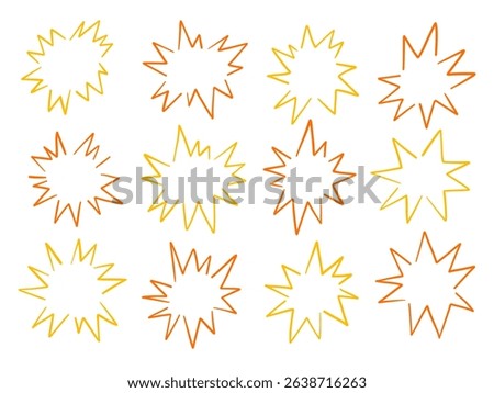 Hand Drawn Starburst Outline Icon. A bold collection of 12 starburst outline icons in orange and yellow hand drawn style with jagged expressive contours. Perfect for comics stickers highlights