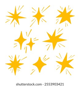 Hand drawn starburst shape glowing accents. A collection of 8 unique hand drawn starburst shapes featuring glowing accents, ideal for decorative, artistic, or celebratory illustrations