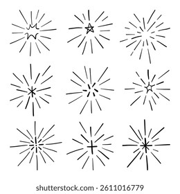 Hand Drawn Starburst Sparkle Line Art. A collection of 9 hand drawn sparkle and burst icons with unique center shapes and expressive rays perfect for magical highlights and celebratory designs