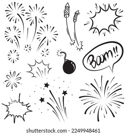 Handgezeichneter Starburst, Sonnenburstelemente, Explosionen, Feuerwerkskörper. Vektorgrafik