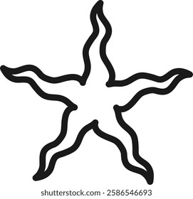 Hand drawn starfish illustration featuring five wavy arms, offering a whimsical and organic depiction of marine life against a white background for diverse design uses