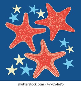 Hand drawn starfish on blue background. 