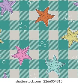 Hand drawn Starfish pattern on checkered background