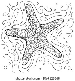 Hand drawn starfish sea animal coloring book for adults. Vector illustration. Anti-stress coloring for adult. Zentangle style. Perfect for invitation, greeting card, postcard, poster, print, banner.