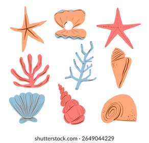 Hand Drawn Starfish Shell Coral Sea Icon. A collection of 9 hand drawn sea elements featuring starfish shells pearls and coral. Perfect for beach designs and ocean themed graphics