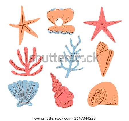 Hand Drawn Starfish Shell Coral Sea Icon. A collection of 9 hand drawn sea elements featuring starfish shells pearls and coral. Perfect for beach designs and ocean themed graphics