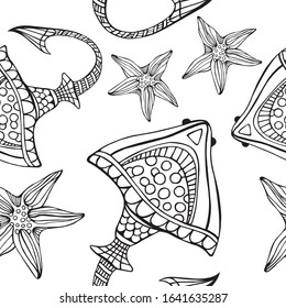 Hand drawn starfish and stingray coloring vector pattern for children and adults.
Seamless background for wallpapers, postcards and posters. Black and white. Underwater world.