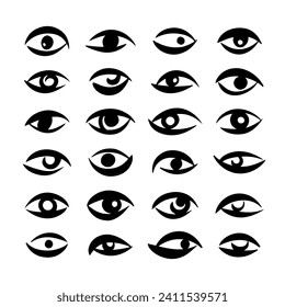 Hand drawn staring eyes big set, collection. Artistic doodle lines, strokes. Surreal, creepy, horror black and white ink illustration, square print design. Stylized brush drawn uneven eyes.