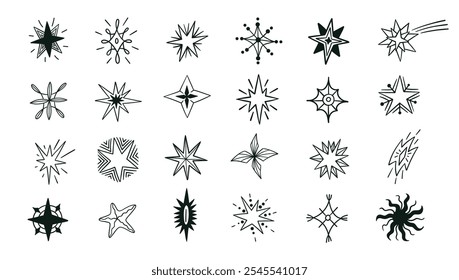 Estrelas desenhadas à mão. Silhuetas negras abstratas do céu noturno de diferentes formas e tamanhos. Conjunto de vetor de insígnias de conquista de classificação de qualidade superior.