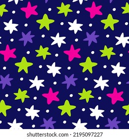 Hand drawn stars for bright neon wallpaper. Abstract seamless pattern with handwritten shape. Pink white acid green purple asterisk on dark blue background. Texture for modern cover textile web design