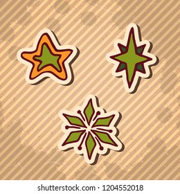 Hand drawn stars, Christmas doodle design elements. Winter holidays greeting card items over textured striped vintage brown background. Vector illustration.