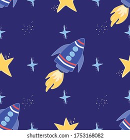 Hand drawn stars and circles over dark violet background vector seamless pattern, rocket, texture for pajamas