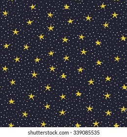 Hand Drawn Stars And Circles Over Dark Violet Background Vector Seamless Pattern