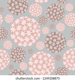 Hand drawn stars in circular elements of different sizes. Modern gray / gray and pink. Stylish seamless vector pattern design. Graphic design, textiles, home decor, stationery and business uses.