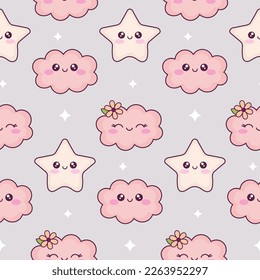 Hand drawn stars and clouds. Cute cartoon kawaii seamless pattern. Funny comic characters background for kids bedding, fabric, wallpaper, wrapping paper, textile, t-shirt print