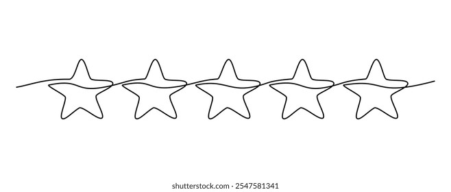 Ícone de uma linha contínua de estrelas desenhadas à mão. Ilustração de vetor de linha única em estilo doodle. Conceito de design de sinal linear de contorno de qualidade superior