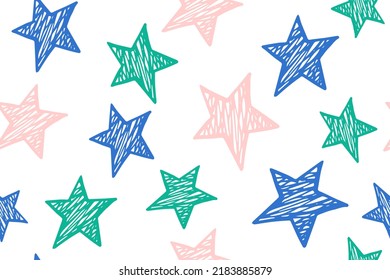 Estrellas dibujadas a mano lindo patrón vectorial sin fisuras. Fondo galáctico. Decoración navideña. Viñeta o estampado textil con estrellas de doodle. Ornamento de ropa para bebé.