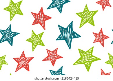 Hand drawn stars cute vector seamless pattern. Cosmos background. Christmas decoration. Wrapper or textile print with doodle stars. Funny starry ornament.