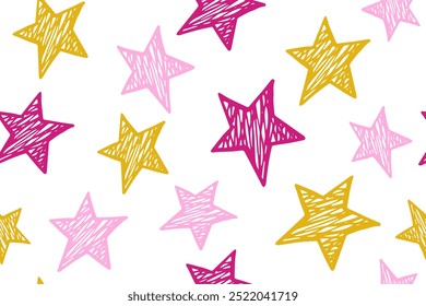 Dibujado a mano estrellas lindo Vector sin patrón. Fondo festivo. Decoración de Navidad. Estampado de Fondo de pantalla con simples estrellas garabateadas. Divertido adorno estrellado.