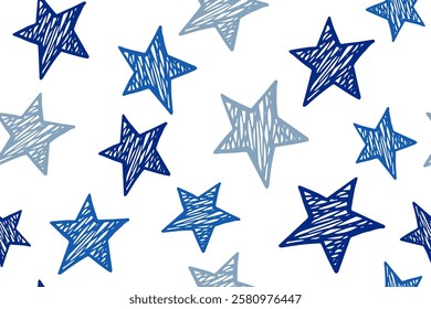 Hand drawn stars cute vector seamless pattern. Cosmos background. X-mas decoration. Wallpaper print with simple scribble stars. Funny starry ornament.