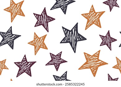 Hand drawn stars cute vector seamless pattern. Cosmos background. Christmas decoration. Wallpaper print with simple scribble stars. Baby clothes ornament.