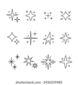 Hand Drawn Stars Doodle Collection. Cute Decorative Sparkles. Vector Illustration of Cartoon Shiny Sparkling Twinkles.
