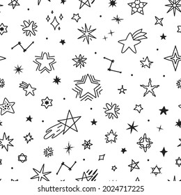 Doodles de estrellas dibujadas a mano, lindo patrón de estrellas sin costura. Dibujos de sketch de cielo nocturno infantil, tela textil o textura vectorial de papel pintado. Cuerpos celestes y constelación esparcido