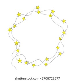 Marco de estrellas dibujado a mano. Dibujo continuo de una línea. Ilustración de adornos festivos, impresión, Anuncio, tarjeta de felicitación, póster, icono de decoración de vacaciones. Vector