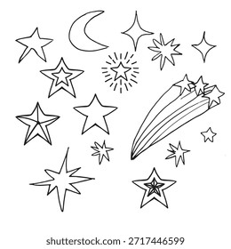 Hand drawn stars and moon vector illustration set in a clean linear style. Collection of outlined stars, crescent moon, sparkles, and shooting stars. Celestial elements suitable for nursery designs, astrology themes, branding, patterns, invitations, posters, prints