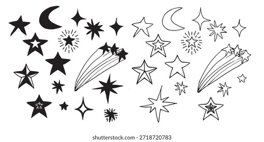 Hand drawn stars and moon vector illustration set in a clean linear style. Collection of outlined stars, crescent moon, sparkles, and shooting stars. Celestial elements suitable for nursery designs, astrology themes, branding, patterns, invitations, posters, prints
