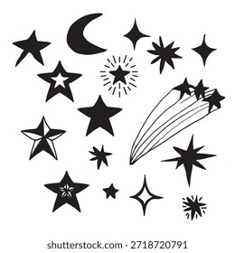 Hand drawn stars and moon vector illustration set in a clean linear style. Collection of outlined stars, crescent moon, sparkles, and shooting stars. Celestial elements suitable for nursery designs, astrology themes, branding, patterns, invitations, posters, prints