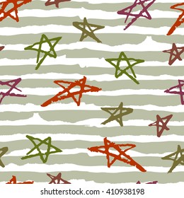 Hand drawn stars on khaki stripes background seamless vector pattern