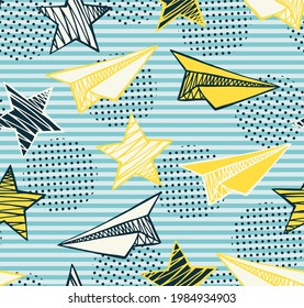 Hand drawn stars and paper planes with small dots. Vector abstract seamless pattern. Background for printing on fabrics and paper