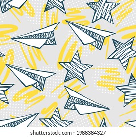 Hand drawn stars and paper planes with small dots. Vector abstract seamless pattern. Background for printing on fabrics and paper