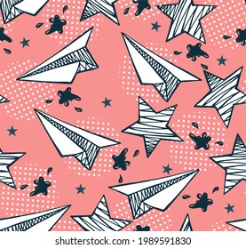 Hand drawn stars and paper planes with small dots. Vector abstract seamless pattern. Background for printing on fabrics and paper