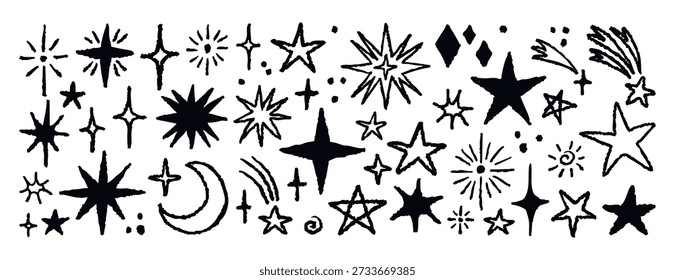 Hand drawn stars with rough edges and sketchy texture. Monochrome line art, hand drawn. Vector illustration.