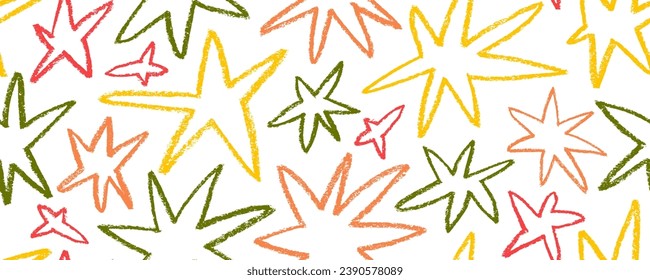 Hand drawn stars seamless banner design in warm colors. Charcoal and pencil drawn sharp stars. Modern graphic elements of geometrical cosmos shapes. Futuristic childish seamless pattern.