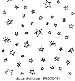 Estrellas dibujadas a mano con un patrón impecable. Fondo de textura monocroma de las ilustraciones de doodles estelares.