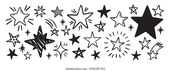 hand drawn stars set. Doodle star outline illustrations. Vector illustration