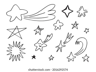 Hand drawn stars set. Star doodles collection on white background.