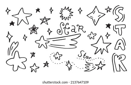 Hand drawn stars set. Star doodles collection on white background.