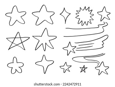 Hand drawn stars set. Star doodles collection on white background.