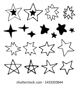Hand drawn stars set. Vector black and outline elements on white background 