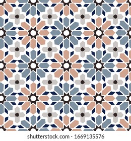 Hand drawn stars shaped Moroccan seamless pattern for Ramadan Kareem greeting cards, islamic backgrounds, fabric, web banners. Portuguese azulejos tile design. Decorative vector illustrations