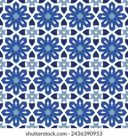 Estrellas dibujadas a mano en forma de patrón marroquí sin fisuras para tarjetas de felicitación de Ramadán Kareem, fondos islámicos, tela, banners web. Azulejo portugués azul diseño. Ilustración de vector decorativo