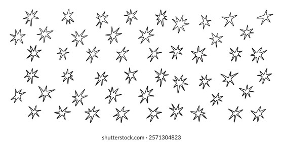 Hand drawn stars shapes with crayon and pencil textures set. Doodle flat star icons. Vector illustration